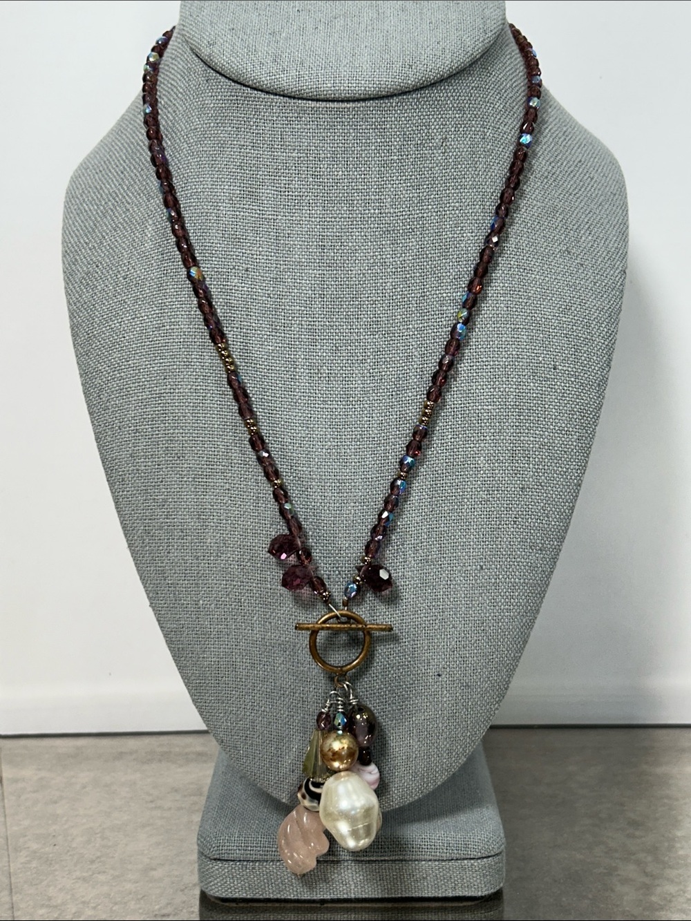 Handmade Purple Crystal Bead Necklace with Mixed Gem Dangle
